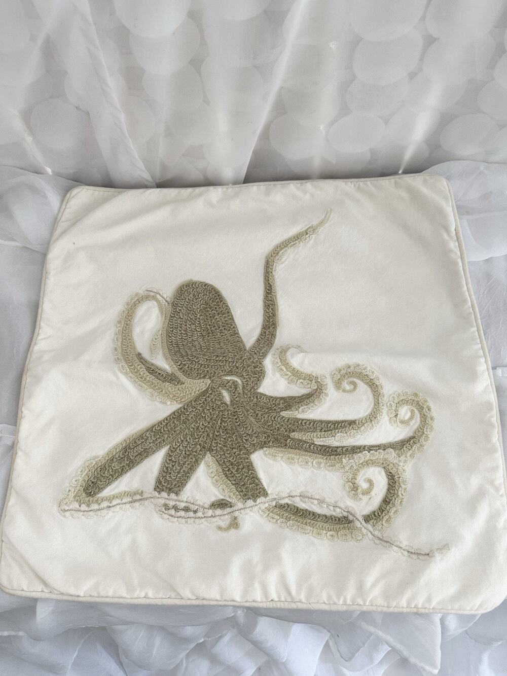 Pottery Barn OCTOPUS Embroidered Accent Pillow Beige Coastal Beachy 18 X 18”
